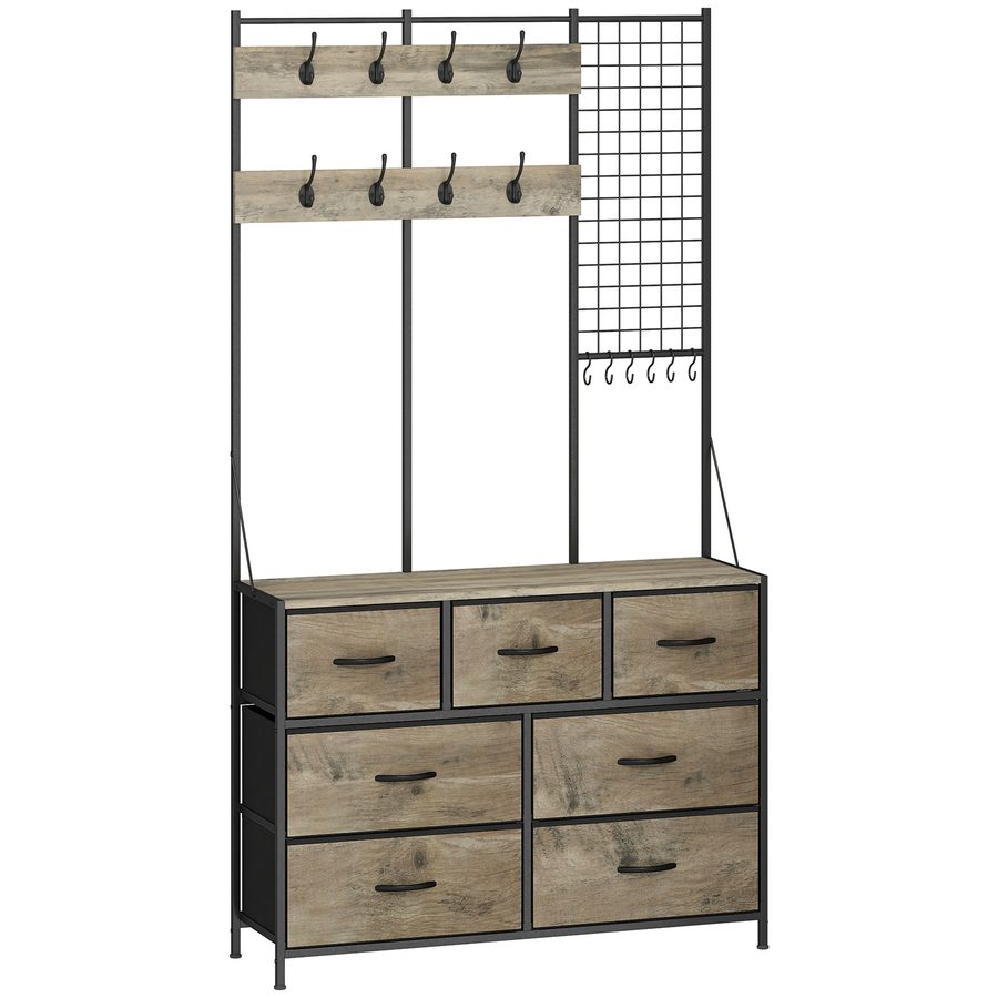 HOMCOM Garderobe 4-in-1, Garderobenmöbel mit 7 faltbaren Stoffschubladen, 14 Haken und Gitterpaneel, industrielle Garderobe für Flur, Eingang, Schlafzimmer, Wohnzimmer, Grau Holzoptik   Aosom