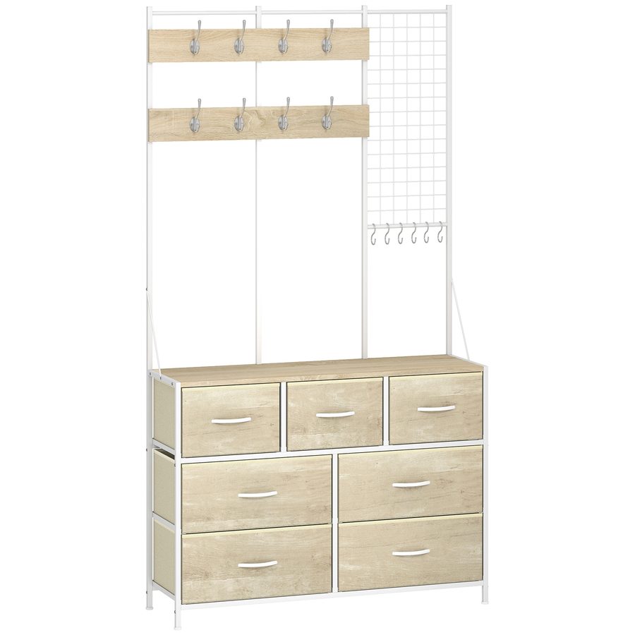 HOMCOM Garderobe 4-in-1, Flurmöbel mit 7 faltbaren Stoffschubladen, 14 Haken und Gitterpaneel, Industrielle Garderobe für Flur, Eingang, Schlafzimmer, Wohnzimmer, Eiche   Aosom