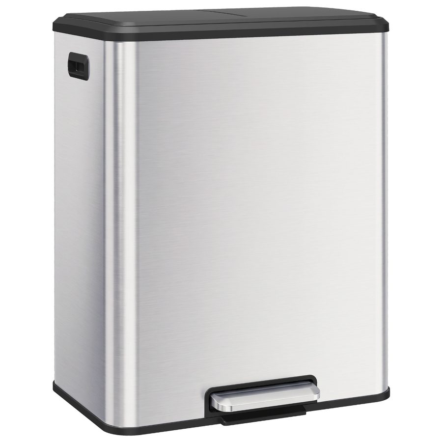 HOMCOM Getrennter Mülleimer mit Pedal 2x30L, Küchenabfalleimer aus Edelstahl, 2 Fächer, Herausnehmbare Innenbehälter, Gedämpfter Deckel, Deckel bleibt 90° offen, Griff, Silber   Aosom