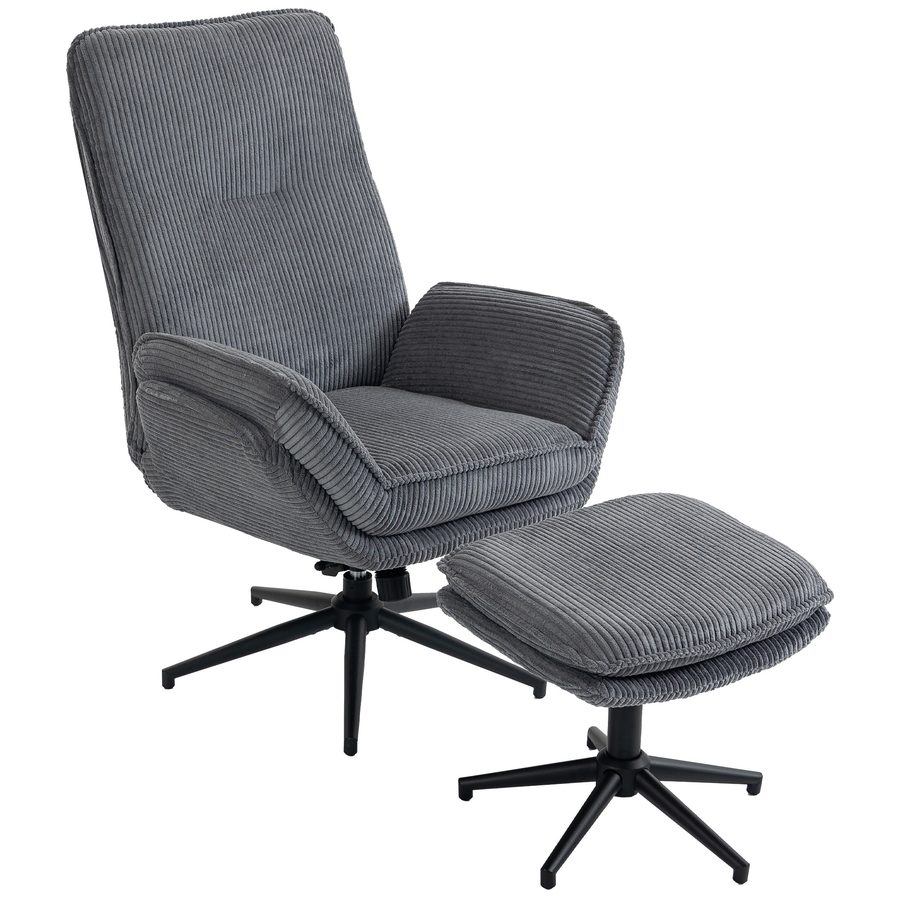 HOMCOM Relaxsessel mit Hocker, 360° Drehbarer Fernsehsessel mit Liegefunktion, Hoher Rückenlehne, Cord-Optik Liegesessel mit Doppelpolsterung für Wohnzimmer, Grau   Aosom