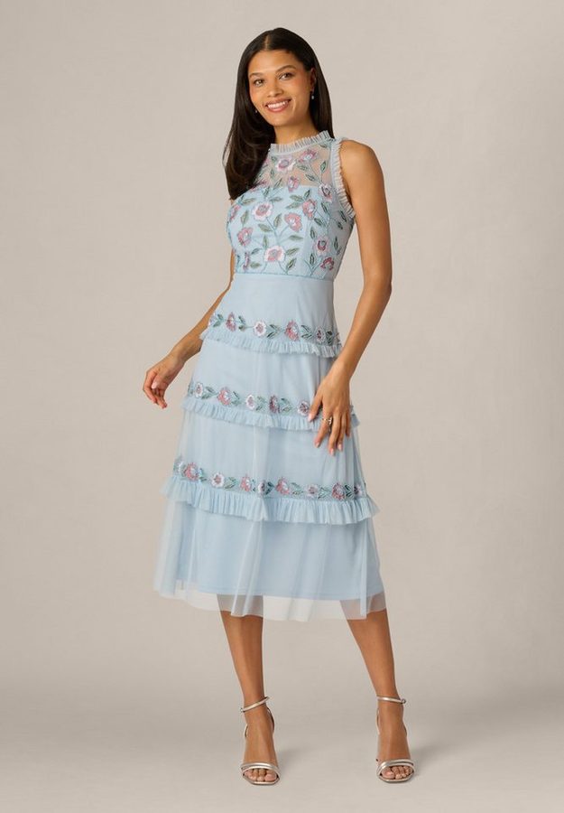 Adrianna Papell Abendkleid Ruffle Bead Mesh Midi Dress Midi-Cocktailkleid aus glitzerndem Mesh mit Perlenverzierung