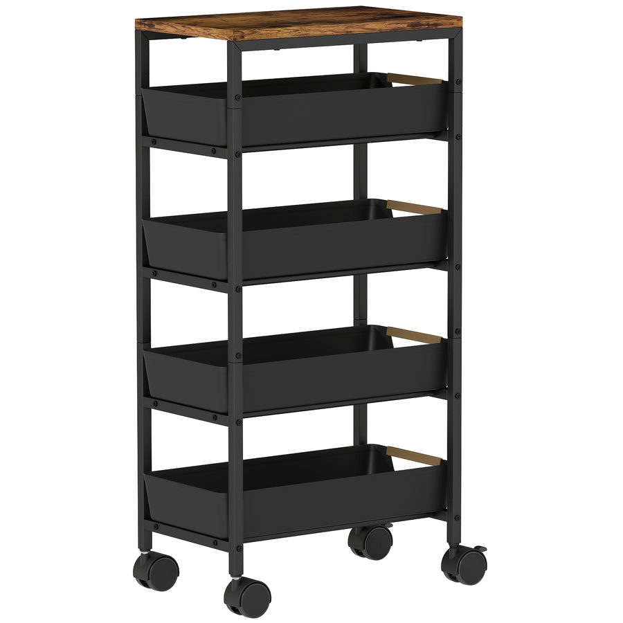 HOMCOM Küchenwagen 5 Ebenen, Servierwagen, Rollwagen mit 4 ausziehbaren Schubladen, Aufbewahrungsregal, für Wohnzimmer, Küche, Esszimmer, Badezimmer, schwarz   Aosom