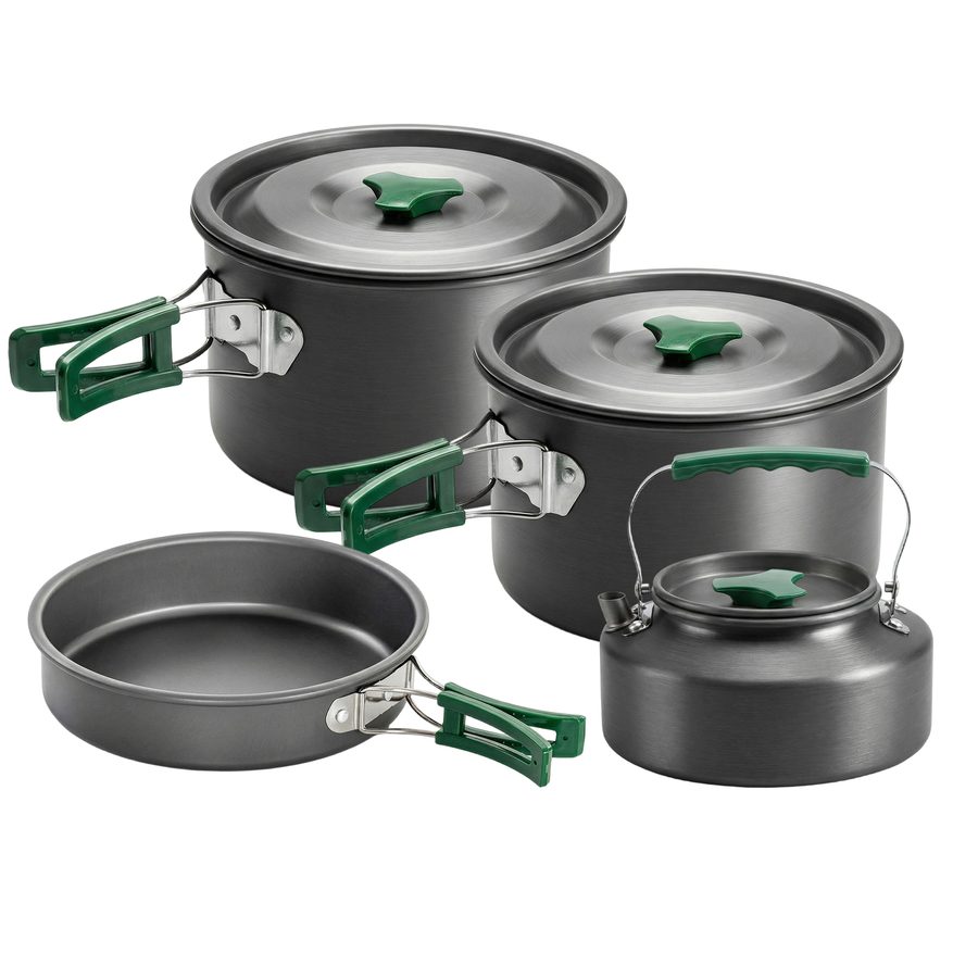 Outsunny Camping Kochgeschirr Set 5-teiliges Outdoor Geschirr Set mit Anti-Verbrühungsgriffen, Topf, Pfanne, Tragbares Kochtopf Set für 4-5 Personen, für Outdoor Wandern Picknick BBQ Grau   Aosom