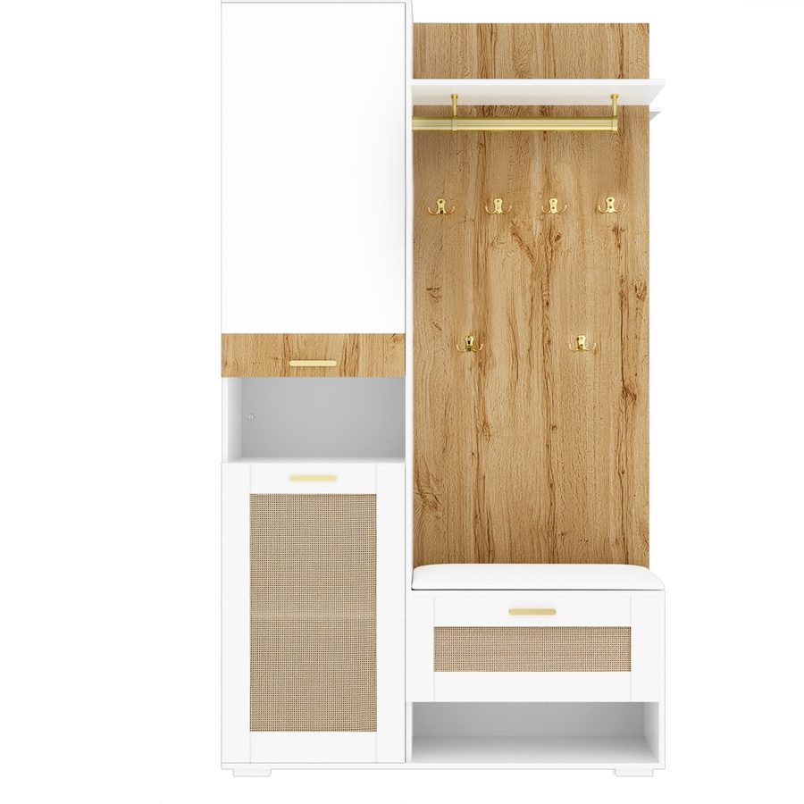 Garderoben-Set mit Spiegel und Sitzbank, LED-Beleuchtung, Wandgarderobe und 6 goldene Kleiderhaken, 110x38x190 cm, Weiß+Naturfarbe