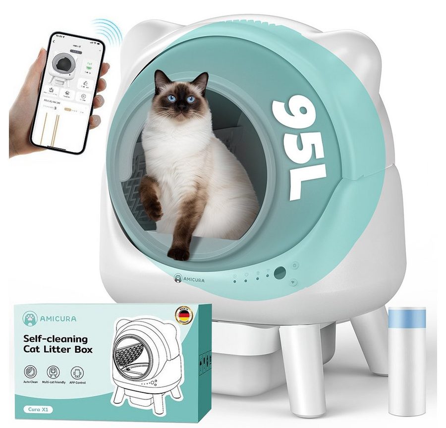 AmiCura Katzenecktoilette 2026 katzenklo selbstreinigend 95L/12 selbstreinigende katzentoilette, XXL Katzenklo 95L+12L, 50 dB leise, sicher für mehrere Katzen von AmiCura