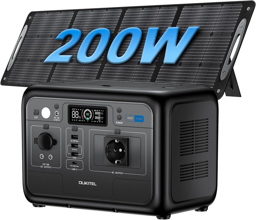 OUKITEL Stromerzeuger P800E 800W/512Wh Tragbare Powerstation, 0,8 in kW, (LiFePO4 Batterie mit 800W (1600W Peak) AC Ausgängen, Mit 200W Solarpanel), PD 100W, für Camping, Reise, Stromausfall von OUKITEL