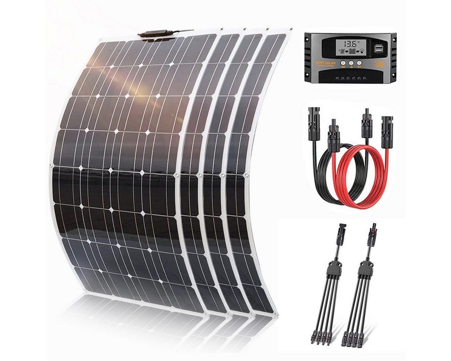 Rhein Beleuchtung Solarmodul 800W Flexibles Solarpanel Set für Wohnmobil Garten Boot 12V, 800 W, Monokristallin, (Set, 7-St., Ultraflach, IP65, für gewölbte Flächen und Off-Grid-Systeme), 4×200W Module mit 40A Regler & MC4 Verteiler (1 zu 4)