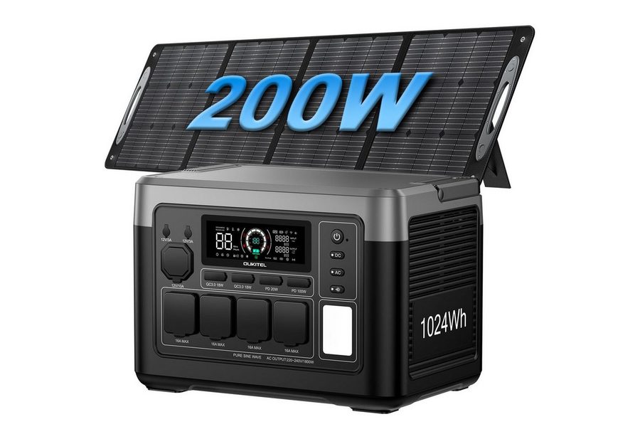 OUKITEL Stromerzeuger P1000E Plus 1800W/1024Wh Tragbare Powerstation, 1,8 in kW, (LiFePO4-Akku, 1-tlg., Mit 200W Solarpanel), Solargenerator mit 4*1800W AC Ausgänge, für Camping,Wohnmobil,Notfall