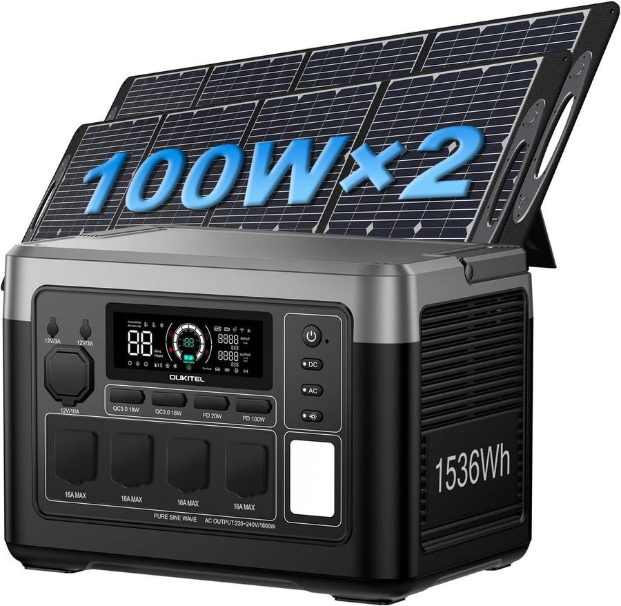 OUKITEL Stromerzeuger P1500E PLUS 1800W/1536Wh Tragbare Powerstation, 1,8 in kW, (LiFePO4-Akku, 1-tlg., Mit 2*100W Solarpanel), Solargenerator mit 4*1800W AC Ausgänge, für Camping,Wohnmobil,Notfall von OUKITEL