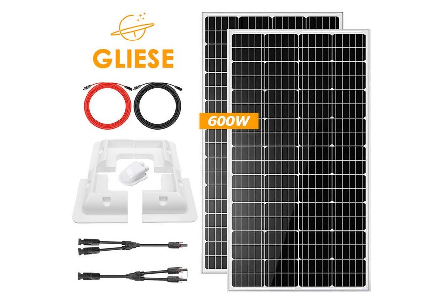 GLIESE Solaranlage 600W Solarpanel Wohnmobil Set für Wohnmobile, Camper Off-Grid-Systeme, 300 W, Monokristalline, (Set, 11-St., Solarpanels, Solar-Verlängerungskabel, Montagehalterung), Erweiterbar durch Serien- und Parallelschaltung von GLIESE