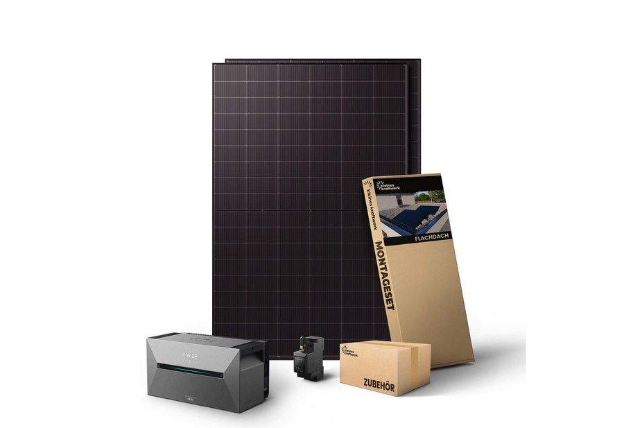 Kleines Kraftwerk Balkonkraftwerk, 1000 W, Monokristallin, (Flachdach/Garten, 0% MwSt für Privatkunden - Solaranlage Komplettset mit Speicher), 2 x 500W, Anker Solarbank 2 Pro, Wechselrichter von Kleines Kraftwerk