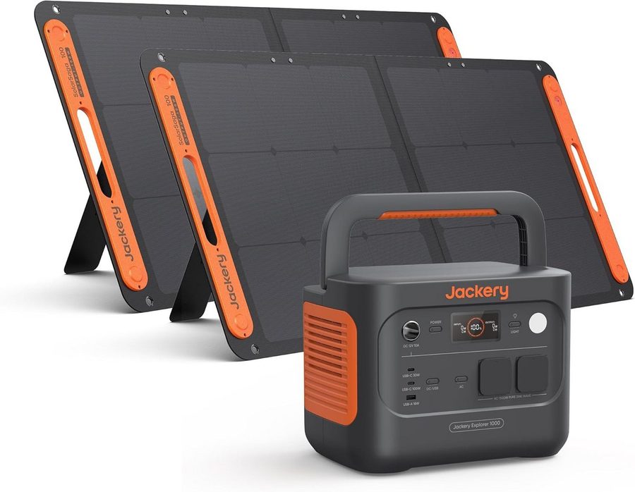 Jackery Solargenerator 1000 v2 Tragbare Powerstation mit 2x100W Solarpanel, 1070Wh LiFePO4 1500W AC/100W USB-C Ausgang 30400 mAh (12, 230 V), 1 Std. Schnellladung für Camping, Wohnmobil, Notfall von Jackery