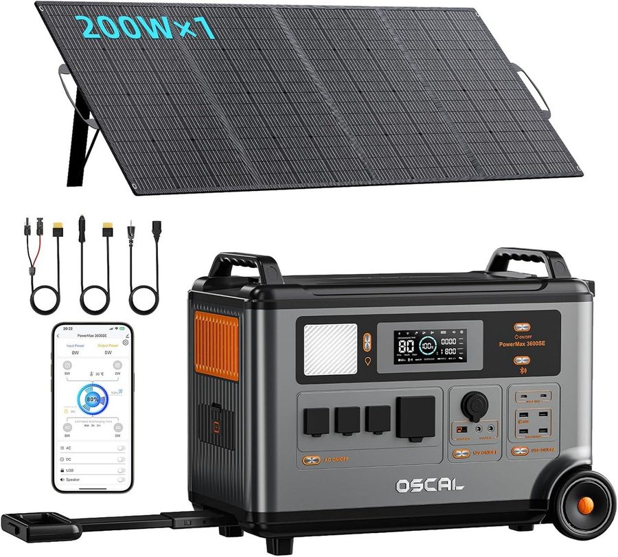OSCAL Stromerzeuger Tragbare Powerstation, 3600W Dauerleistung (7200W Spitze),3600Wh Akku, 7,2 in kW, (1-tlg., Powerstation), Mit 200w Solarpanel Solargenerator für Camping, Wohnmobile & Notfälle