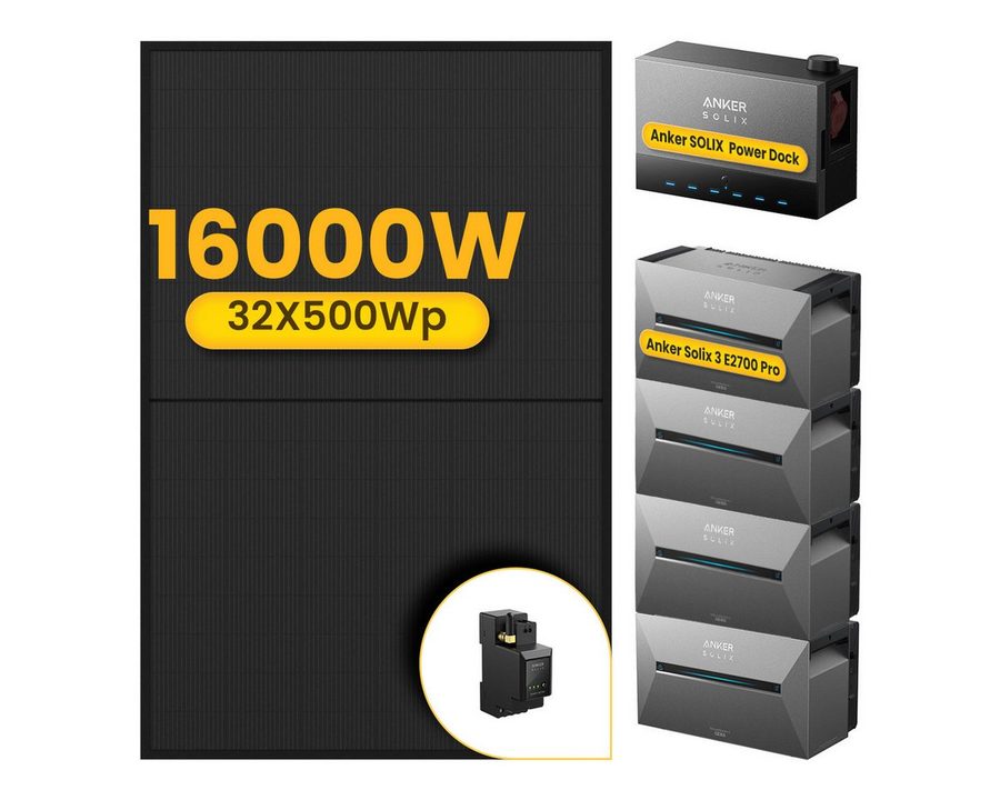 Anker Balkonkraftwerk 16000W Anker SOLIX Solarbank Power Dock mit Solarbank 3 Pro Speicher, (Power Dock und 32x 500Wp Solarmodule im Lieferumfang enthalten), Speicher mit integriertem Wechselrichter, All-in-One 2,68kWh Akku