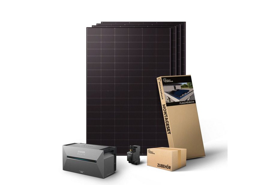 Kleines Kraftwerk Balkonkraftwerk, 2000 W, Monokristallin, (Flachdach/Garten, 0% MwSt für Privatkunden - Solaranlage Komplettset mit Speicher), 4 x 500W, Anker Solarbank 3 Pro, Wechselrichter von Kleines Kraftwerk