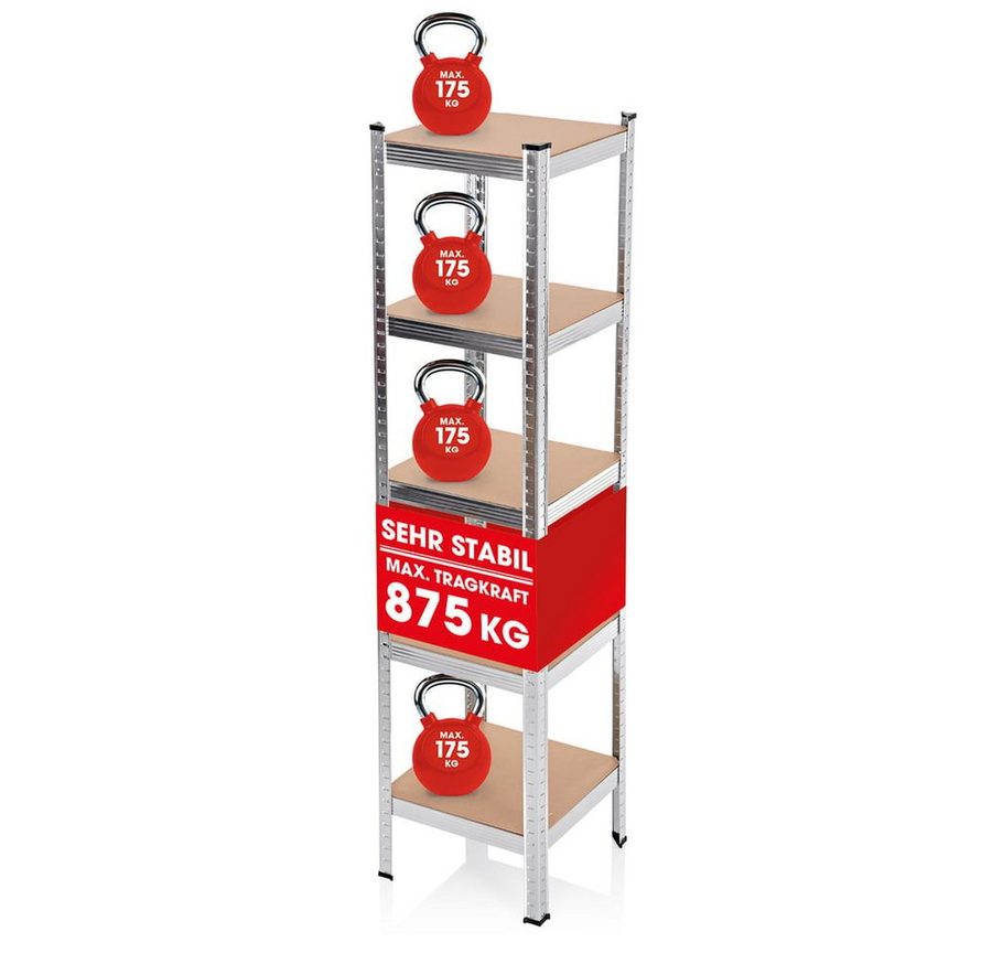 EASYmaxx Schwerlastregal 180x40x40 cm, 875 kg Traglast, 175 kg pro Ebene, 1-tlg., Kellerregal Lagerregal, 5 verstellbare Ablagen von EASYmaxx