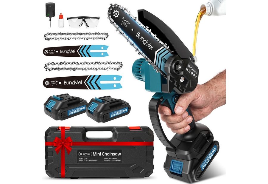 Bundviel Akku-Kettensäge 6+8'' Mini Kettensäge 880W Bürstenlose Elektro-Kettensäge 2.0AH Akkus, 2*2 AH akkus, 880W, Bürstenlosen Motor von Bundviel