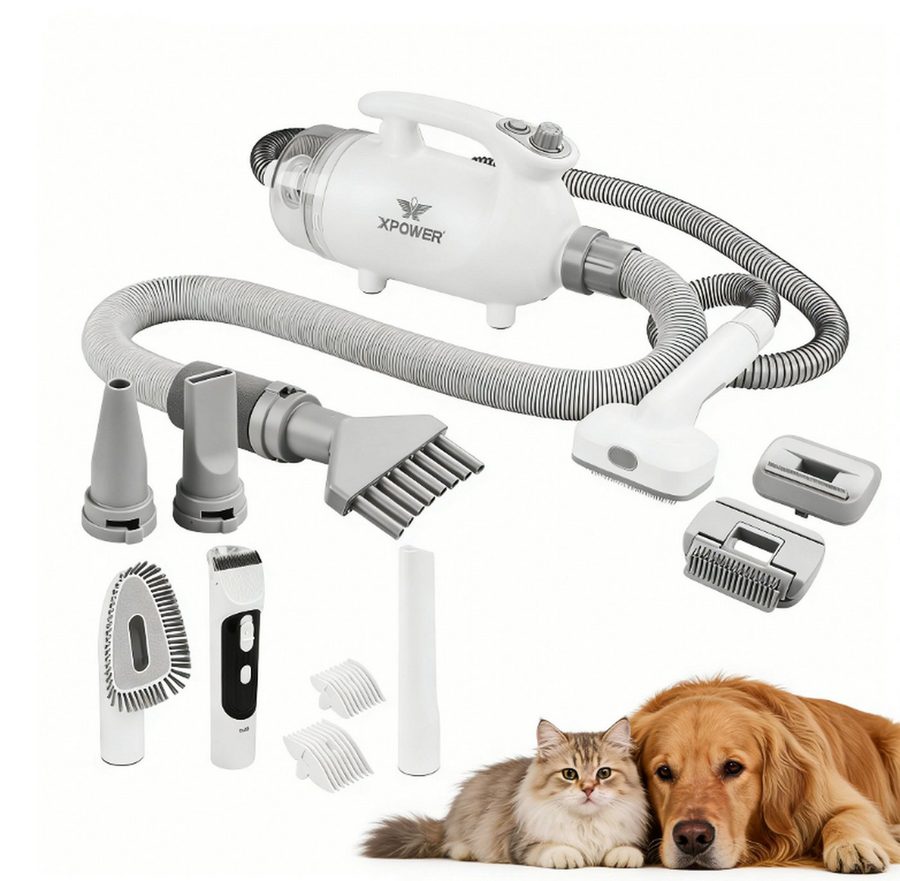 XPOWER Hundeschermaschine B-117 Haushalts Haustier Trimmer Anti-Sheddin Haustier Staubsauger Set, Professionelles Haustier-Grooming-Set, All-in-One-Tierpflege-Set,Verstellbare Drehzahl, 2-Gang-Heizmodus von XPOWER