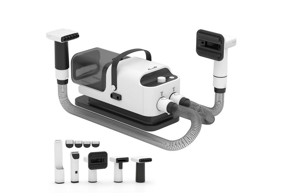 ibettertec Hundeschermaschine mit Staubsauger leise Schermaschine mit 5 Pflegewerkzeugen, für Hunde Katzen Haustiere Weiß von ibettertec