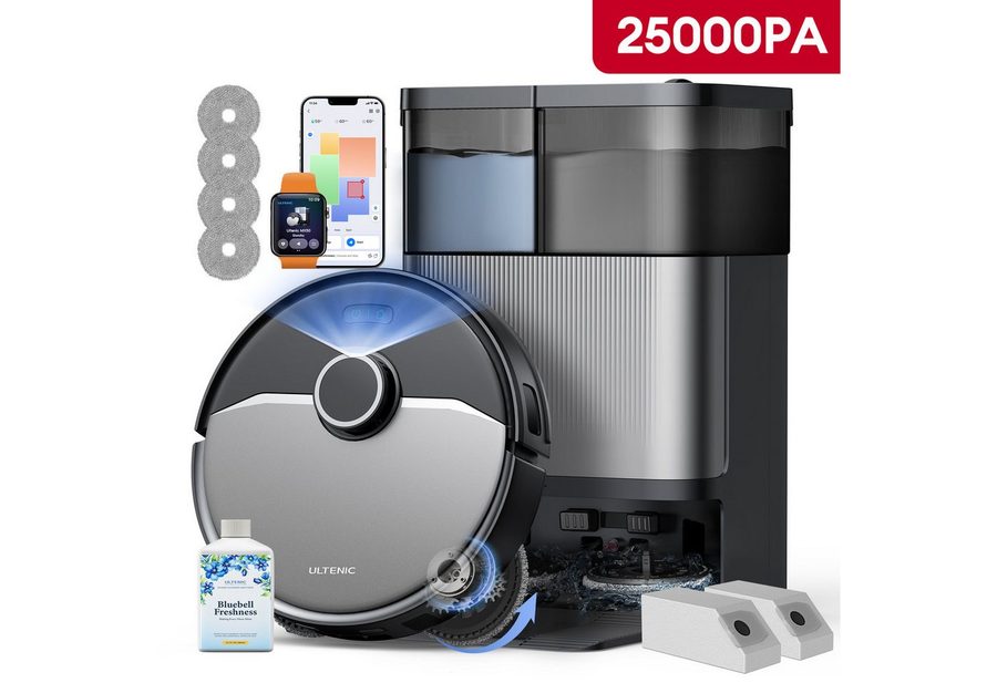 Ultenic Nass-Trocken-Saugroboter saugroboter mit wischfunktion,25000Pa,9 in 1,DualSpin-Wischsystem, mit Beutel, Saug und Wischroboter,Automatikstation,Dual-Airflow-Heißlufttrocknung