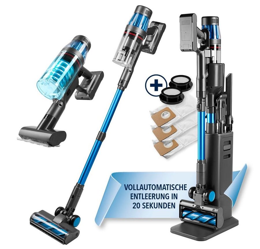 CLEANmaxx Zyklon Hybrid Staubsauger Akku-Zyklon-Staubsauger Deluxe 29,6V grau/blau, 500 W, beutellos, automatische Staubentleerung 3,5L Beutel 60.min Laufzeit HEPA-Filter von CLEANmaxx