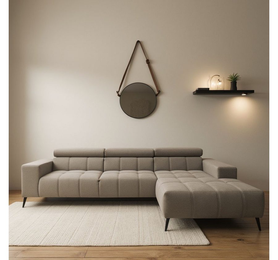 DOMO collection Ecksofa Trento L-Form, mit Kufenfuß oder Einzelfuß, whlw. verstellbare Kopfteile, passend für gängige Saugroboter
