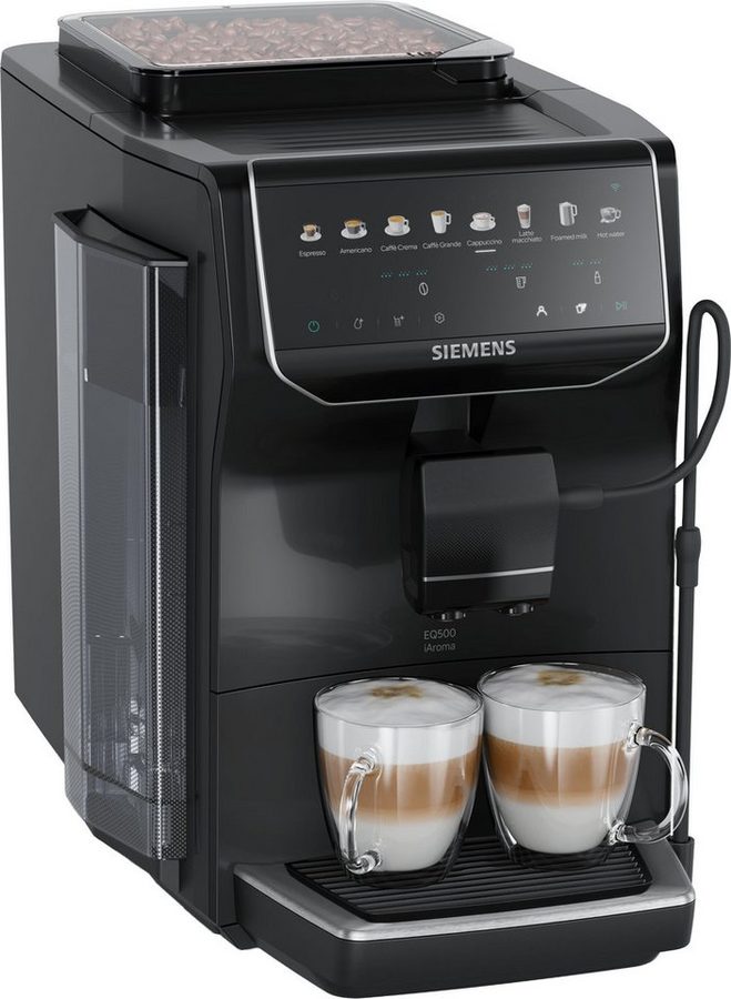 SIEMENS Kaffeevollautomat EQ500 TP553E09, Doppeltassenfunktion, 41 Getränke, einfache Reinigung, Keramikmahlwerk, entnehmbare Brüheinheit, Steuerung per App, Schwarz