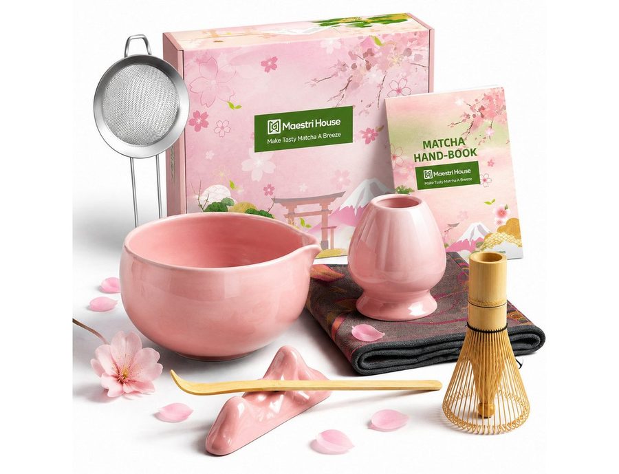 Maestri House Teeservice Matcha Set 7-teilig, Bambusbesen, Schale & Zubehör, Bambus, 510ml Schale, Bambus-Chasen, Haltern, Sieb, Löffel und Tuch erhalten von Maestri House