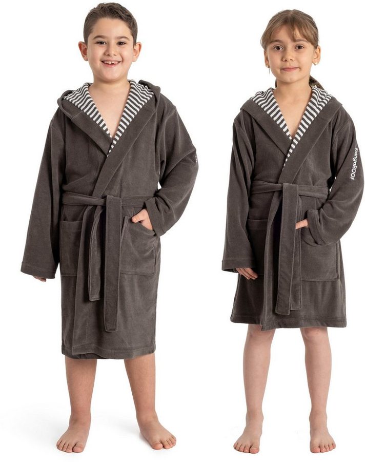KangaROOS Kinderbademantel Dalia, Ideal für Zuhause, Schwimmbad oder im Urlaub, Langform, Veloursfrottier, Kapuze, Gürtel, Uni-Farben mit Streifen von Kangaroos