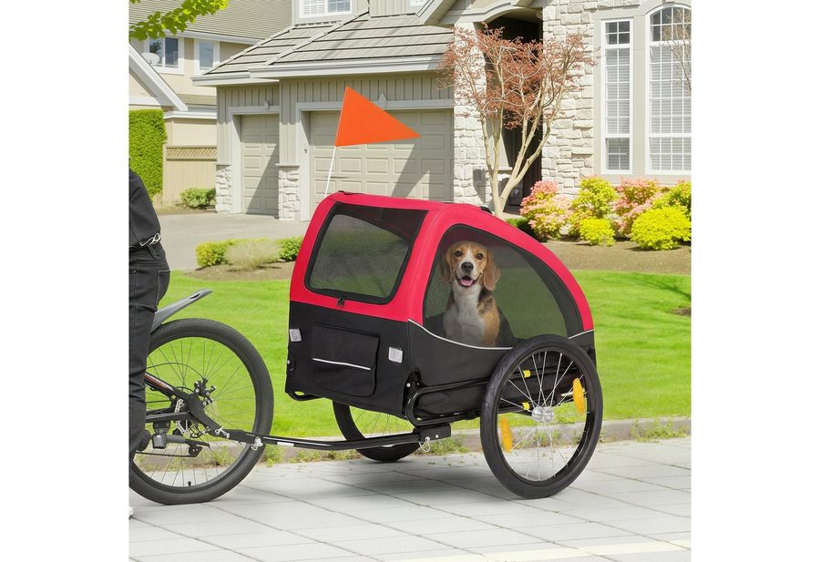 PawHut Fahrradhundeanhänger Hundeanhänger Faltbar Fahrradanhänger mit Reflektoren, Rot, für Hunde bis 20 kg Blau von PawHut