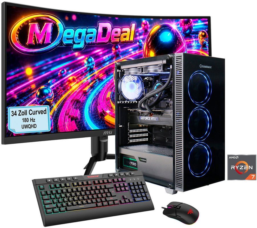 GAMEMAX MegaDeal Draco XD 2841 AMD Ryzen 7 9700X 32GB DDR5 1TB SSD RTX 5070Ti Gaming-PC-Komplettsystem (34", AMD Ryzen 7 9700X, RTX 5070 Ti, 32 GB RAM, 1000 GB SSD, Windows 11, DDR5 RAM + MSI MAG 342CQR E2 Curved Monitor 86cm (34)