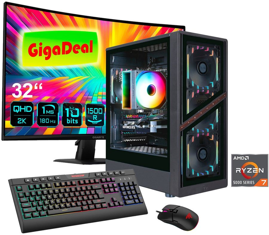 GAMEMAX GigaDeal AERIS GB 2805 AMD Ryzen 7 5700X 32GB 1TB SSD RTX 5070 Gaming-PC-Komplettsystem (32", AMD Ryzen 7 5700X, RTX 5070, 32 GB RAM, 1000 GB SSD, Windows 11 + Gigabyte GS32QCA LED-Monitor Curved, 80 cm 32)