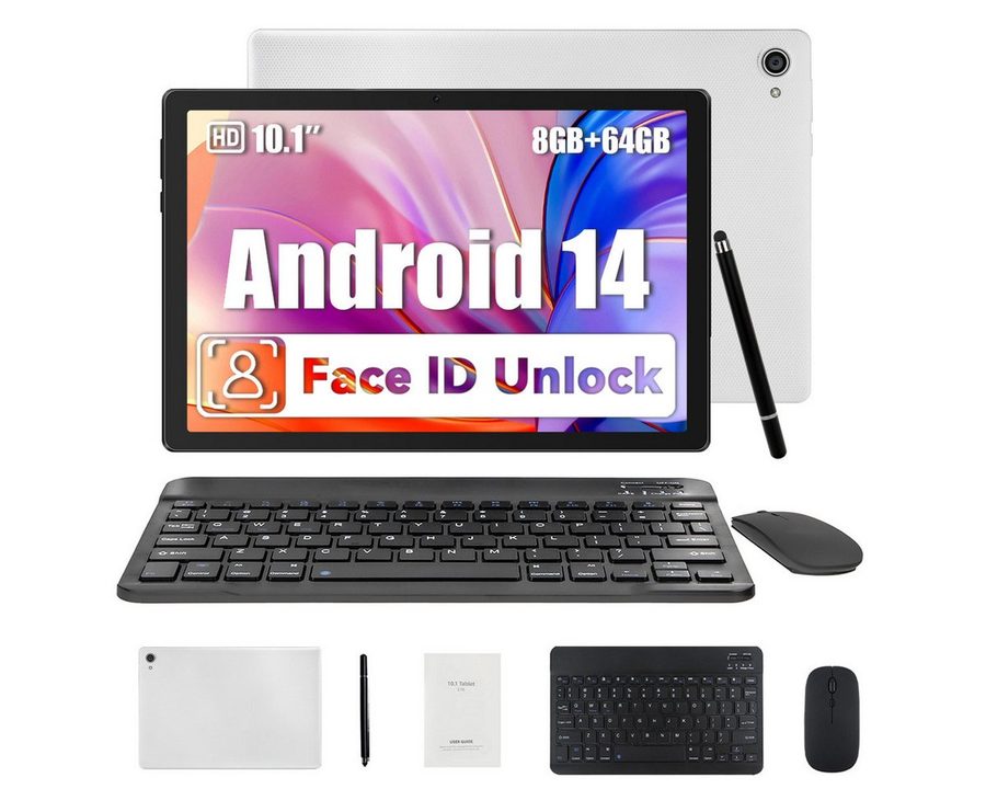 BUFO 10,1 Zoll 64GB erweiterbar auf 1TB mit Maus, Tastatur und Stylus Tablet (10", 64 GB, Android 14, 2,4G/5G WiFi, Android 14, 5000mAh, Gesichtsentsperrung, 1280x800 HD IPS) von BUFO