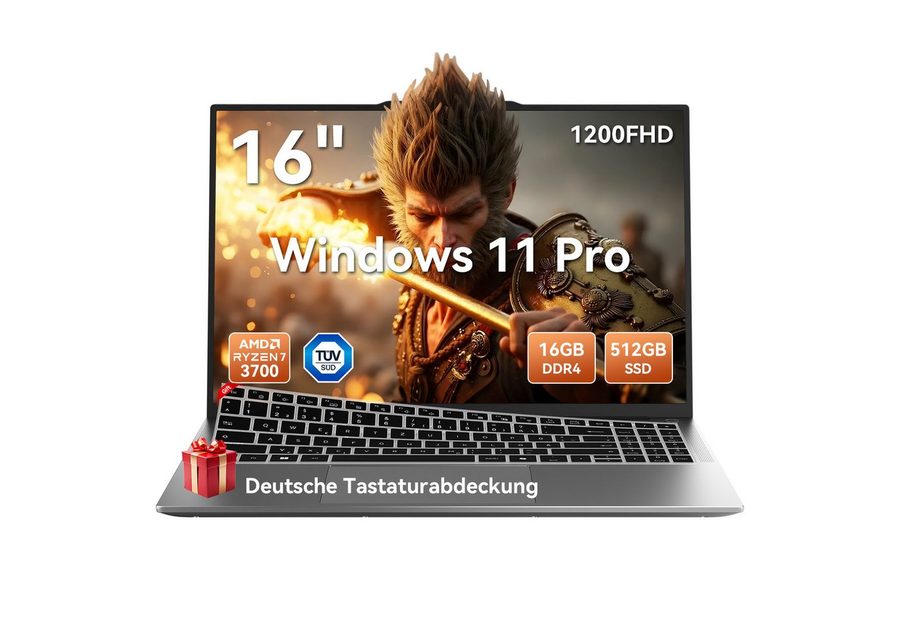 blackview 16" FHD Laptop AMD Ryzen 7 16 GB+512 GB Windows 11 Pro augenschonend Notebook (AMD AMD Ryzen 7 AMD Ryzen 7 3700U, AMD Ryzen 7 3700U, 16 GB, 512 GB SSD, TÜV-Augenschutz. Ultraleicht (1,65 kg / 17,4 mm). Windows 11 Pro)