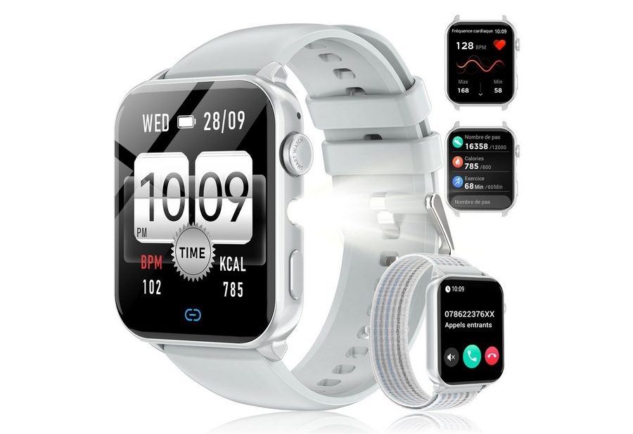 blackview Smartwatch Herren Damen, LED-Leuchte, 350mAh (6 Tage), 2 Armbänder Smartwatch (1.91 Zoll, iOS/Android), mit Wechselband aus weichemSilikon und Ladekabel, Antwort & Anruf tätigen,Herzfrequenz,Schlafmonitor,SpO2,Schritten,IP68 von blackview