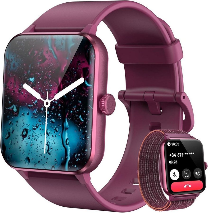 IOWODO Smartwatch Damen Herren 2026,350mAh (6 Tage), 1,85" HD,Bluetooth Anruf Smartwatch (1.85 Zoll, IOS/Android) Smartwatch Damen Herren,Smart Watch für Android iOS( 2 Armband) , mit Wechselband aus weichemSilikon und Ladekabel, Telefon,App-Fitnesskurse, SpO₂-/HR-/Schlafüberwachung,2 Armbänder,IP68 von IOWODO