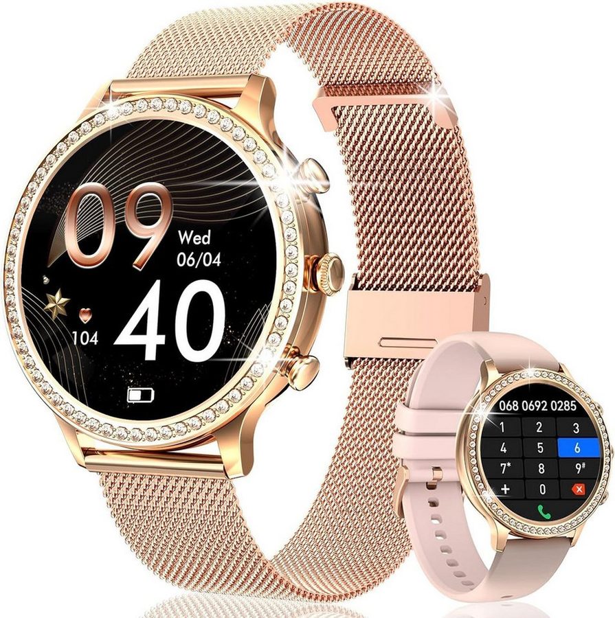 AIBISTAR Smartwatch Damen mit Telefonfunktion,  HD Voll Touchscreen Wasserdicht Smartwatch, Diamantzifferblatt, austauschbare Armbänder, 1.32 Zoll Schlafmonitor Blutdruckmessung Schrittzähler für Android/iOS von AIBISTAR