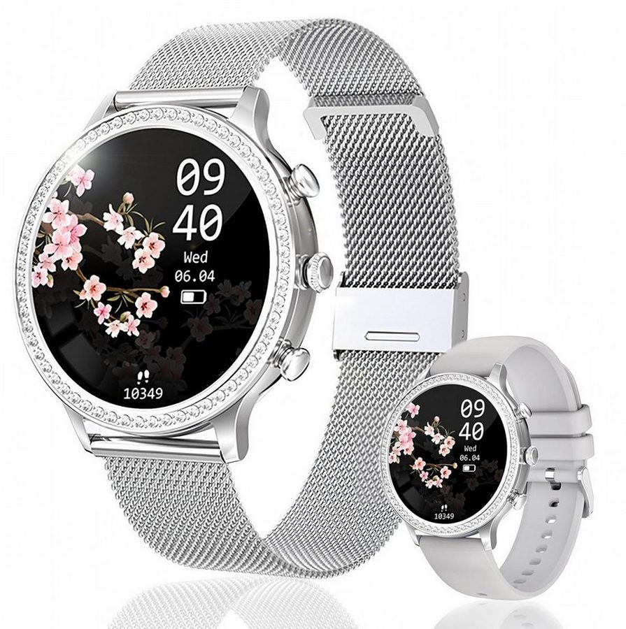 AIBISTAR Smartwatch Damen mit Telefonfunktion,  HD Voll Touchscreen Wasserdicht Smartwatch, Diamantzifferblatt, austauschbare Armbänder, 1.32 Zoll Schlafmonitor Blutdruckmessung Schrittzähler für Android/iOS von AIBISTAR