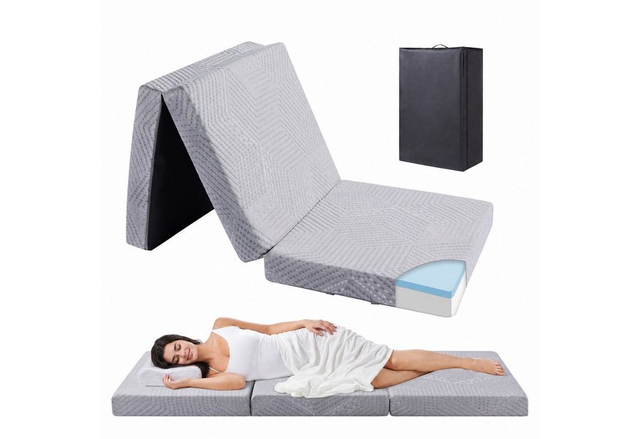 Klappmatratze 3-teilig H3 Faltmatratze Gästematratze Gel Memory Foamkern, Tragegriff, emerspring, 10 cm hoch, Ideal als Gästebett, Bodenmatratze und Campingmatratze von emerspring