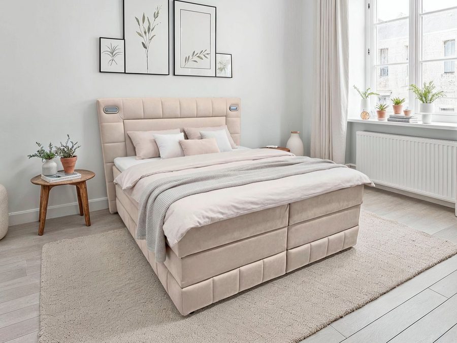 OTTO home Boxbett PHILIPPA, Polsterbett mit Bettkasten, mit Taschenfederkernmatratze H3 (Komfortliegehöhe: 64cm), mit Kaltschaum-Topper, Microfaser-Bezug, wahlweise mit LED-Beleuchtung