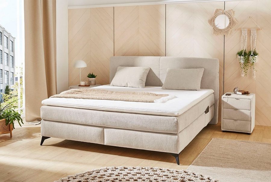 Jockenhöfer Gruppe Boxspringbett KIRA, mit Taschenfederkernmatratze H3-H4 und Kaltschaum-Topper, inkl. LED-Beleuchtung & USB-Ladeports, Chenille Stoff, 160/180x200cm