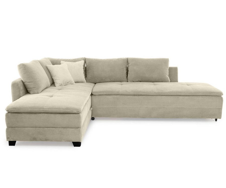 luma-home Ecksofa 15161, Dauerschläfer-Doppelbett B306/T223/H95 cm, Schwenkteil L/R, Bettkasten, Nachtkonsole, Boxspring, Federkern, Wellenunterfederung, Topper, Cord Beige Grau