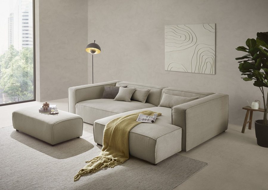 LeGer Home by Lena Gercke Ecksofa PIARA XXL Struktur u. Leinenoptik, L-Form, Schlaffunktion, Hocker stellbar zum Schlafsofa (Krokodilverbinder), tiefe Sitzfläche