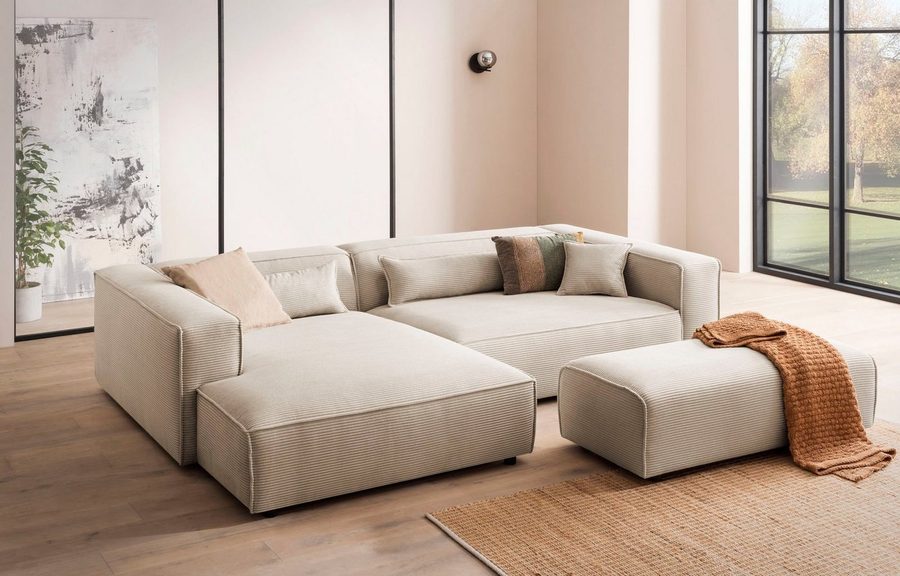 LeGer Home by Lena Gercke Ecksofa PIARA XXL Cord, L-Form, Schlaffunktion, Hocker stellbar zum Schlafsofa (Krokodilverbinder), tiefe Sitzfläche