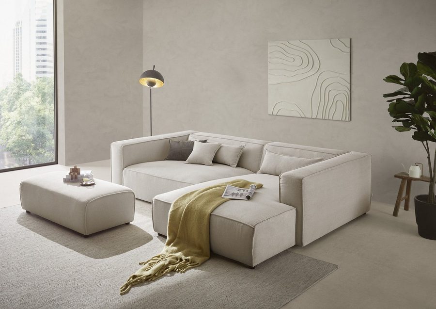 LeGer Home by Lena Gercke Ecksofa PIARA XXL Struktur u. Leinenoptik, L-Form, Schlaffunktion, Hocker stellbar zum Schlafsofa (Krokodilverbinder), tiefe Sitzfläche
