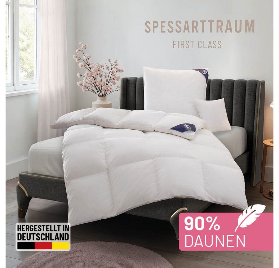 SPESSARTTRAUM Daunenbettdecke First Class, Füllung: 90% Daunen / 10% Federn, Klasse 1, Downpass zertifiziert, Bezug: 100% Baumwolle, Made in Green, Hausstauballergiker geeignet, 5 Wärmeklassen & 6 Größen, Bestseller