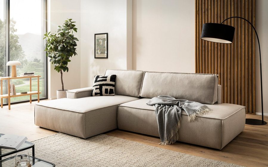 OTTO home Ecksofa SHERWOOD Leinenoptik Schlafsofa in L-Form offen (275cm), Schlaffunktion und Bettkasten, Kedernaht, hoher Sitz- & Liegekomfort