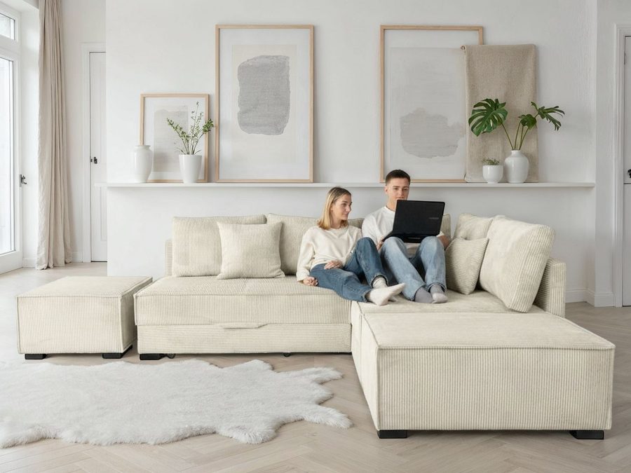 Home affaire Ecksofa Night & Day L-Form, B: 316 cm mit Dauer-Schlaffunktion 180x200 cm, Set: Sofa & Hocker, Schlaffunktion, Bettkasten & Kissen, Boxspringbett