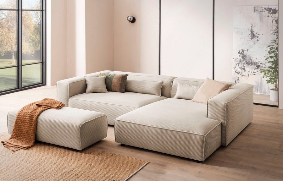 LeGer Home by Lena Gercke Ecksofa PIARA XXL Cord, L-Form, Schlaffunktion, Hocker stellbar zum Schlafsofa (Krokodilverbinder), tiefe Sitzfläche