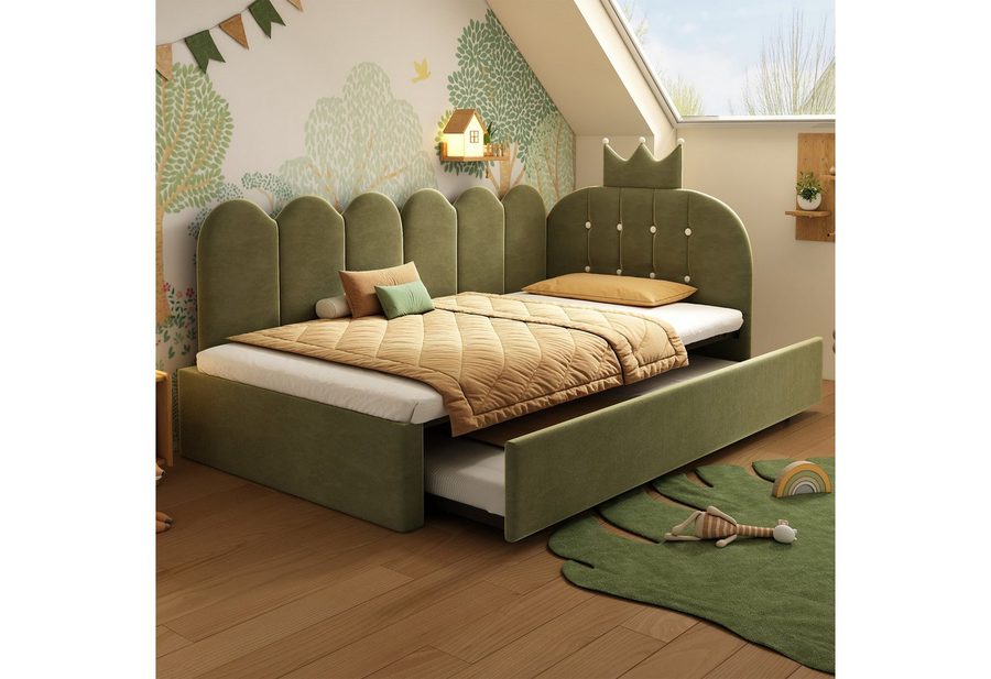 Flieks Polsterbett, Daybett L-Form 90x200cm mit Kronen-Design und Ausziehbett 90x190cm von Flieks